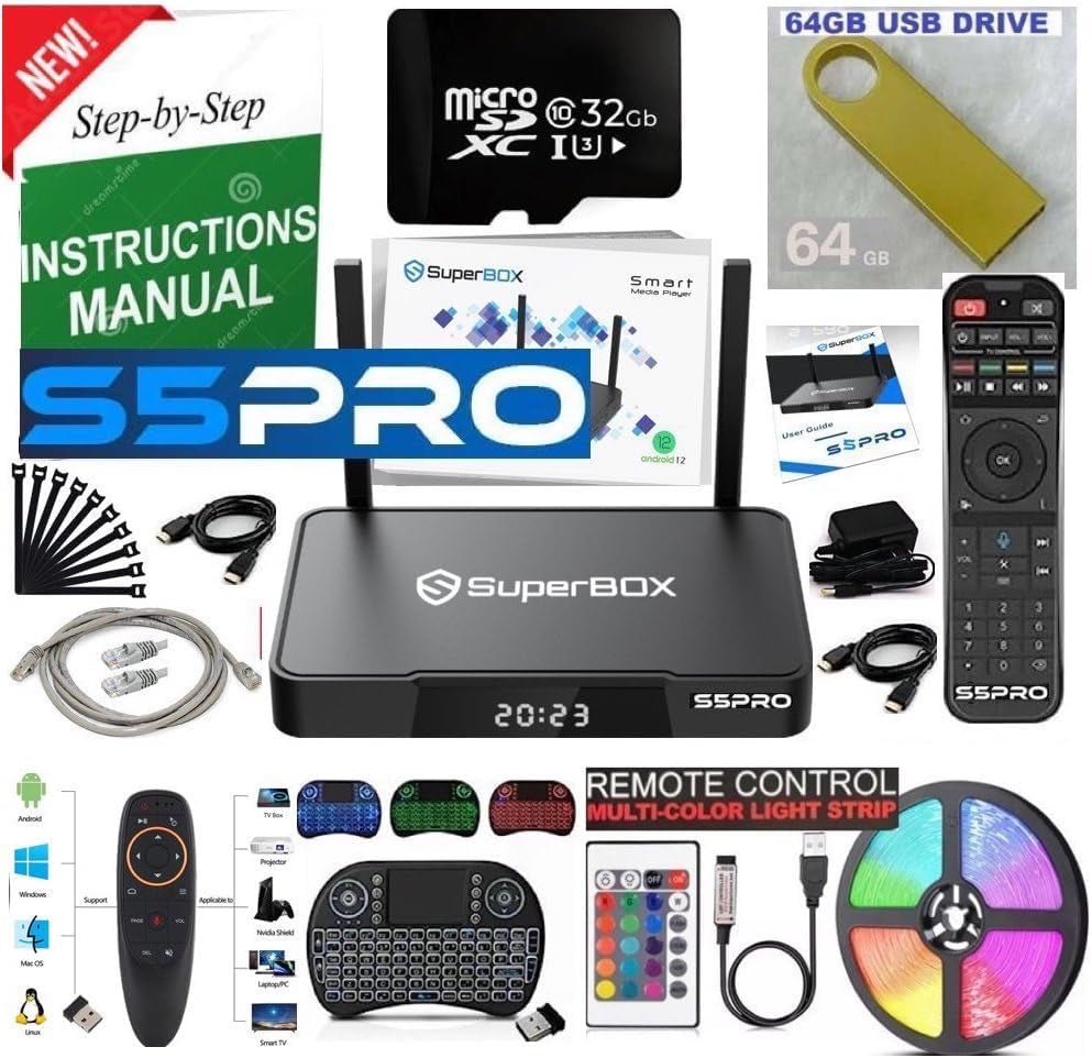 Super S5 PRO Bundle Box - 2024 Model with Voice Remote, Full Keyboard Remote, HDMI, TF Card, Memory Stick, LED Light Strip, Installation Instructions, and Phone Support - Black