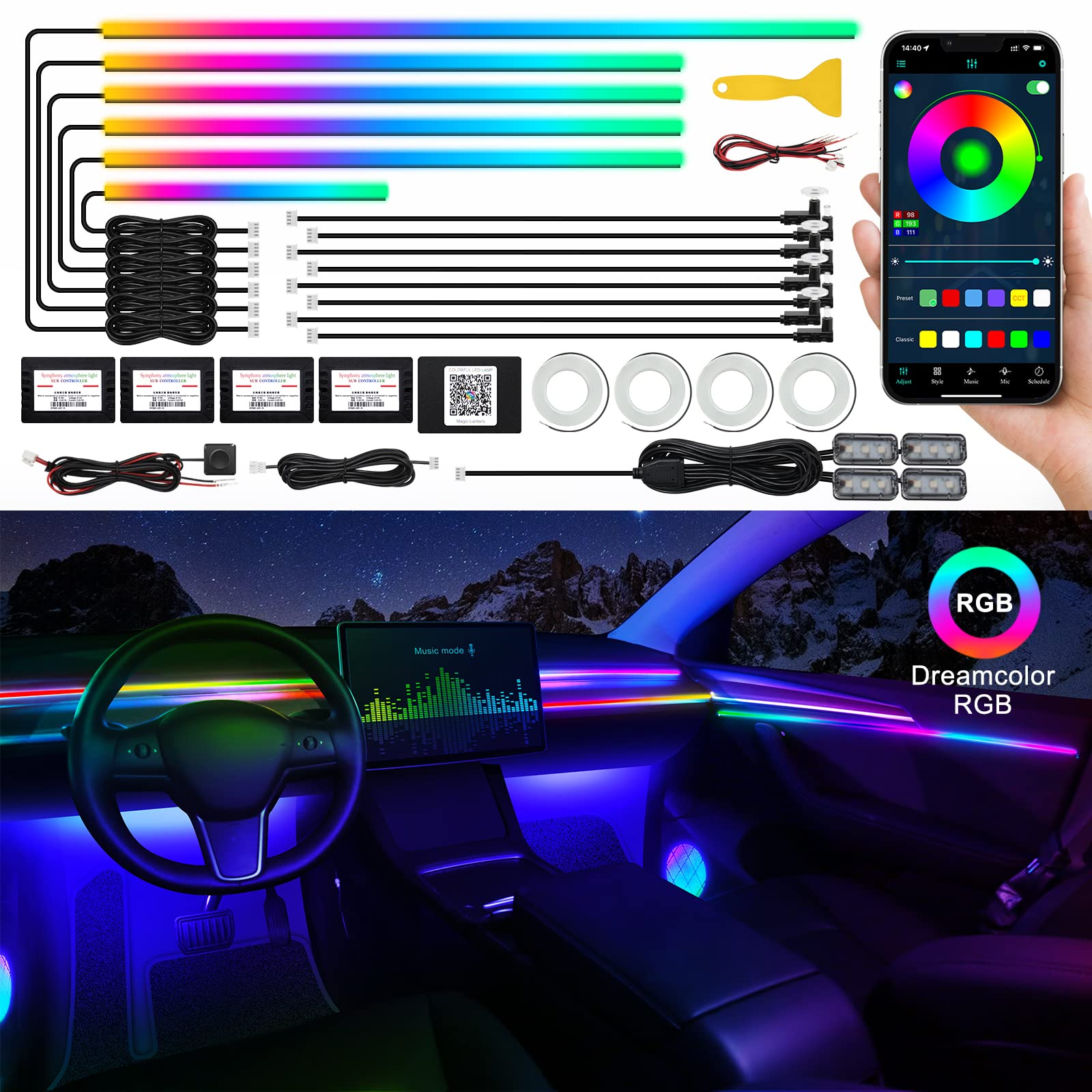 Brand: Dreamcolor Acrylic Interior Car LED Strip Light with Wireless APP, RGB 22 in 1 with 175 inches 593 LEDs Fiber Optic Ambient Lighting Kits, 16 Million Colors Sound Active Function Car Neon Lights